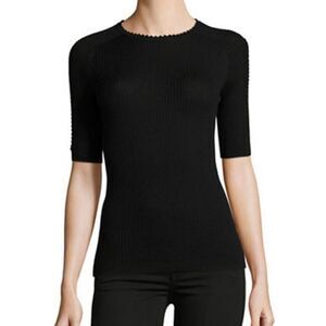 Carven Ribbed Wool Top with Ladderwork-BLACK-Small